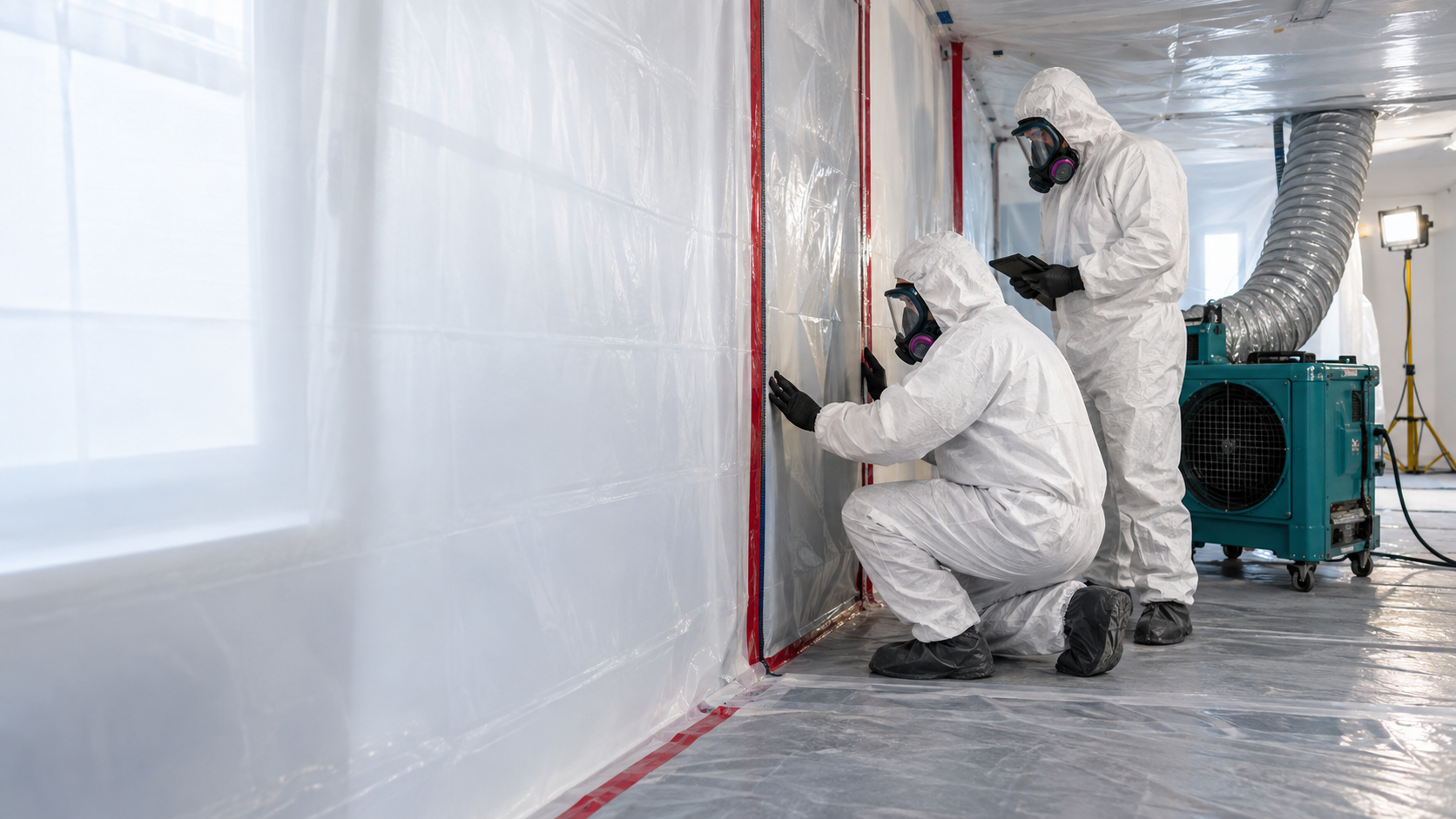 Two asbestos abatement professionals in protective suits working inside a sealed containment area