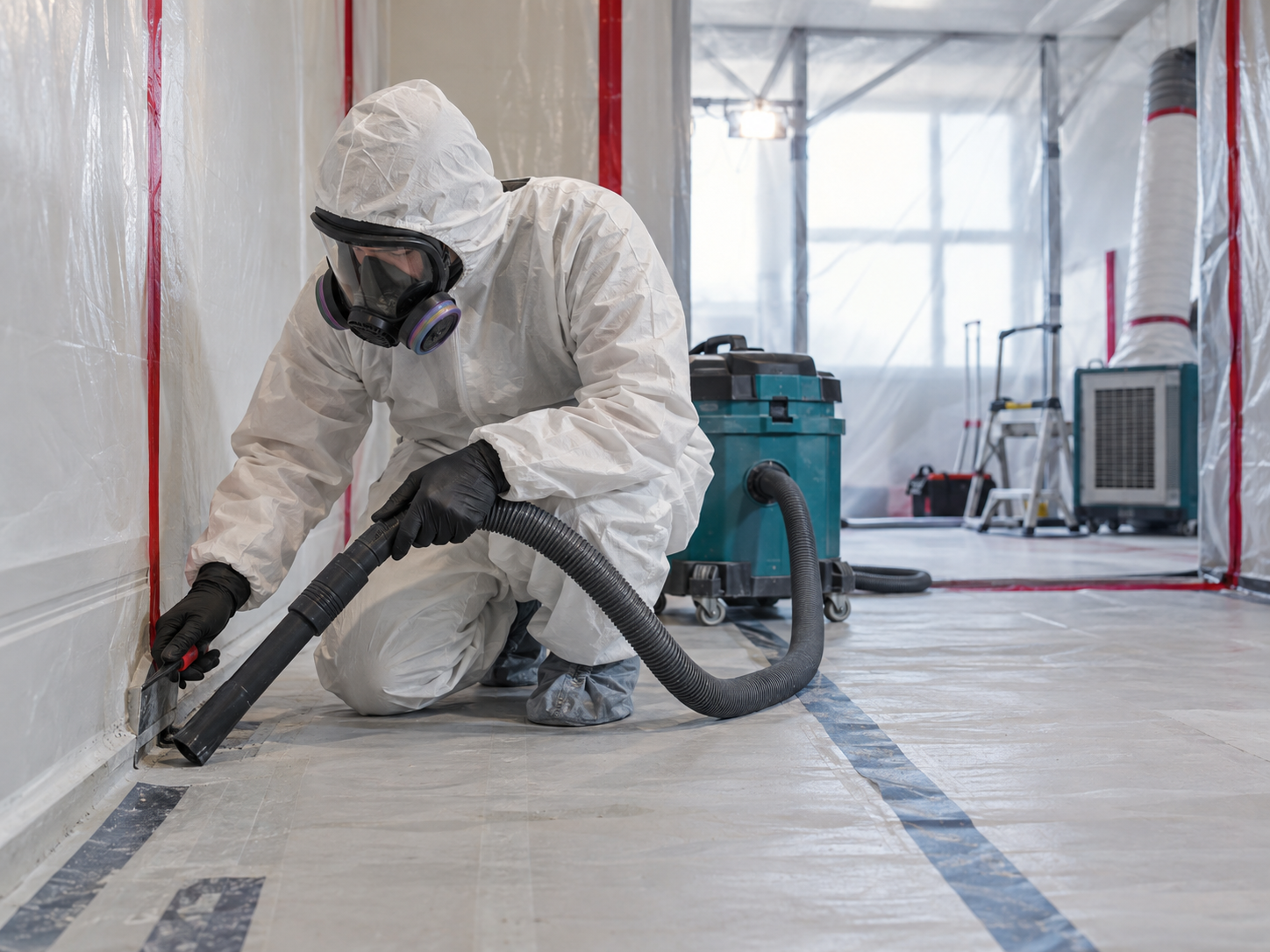 Remediation worker in protective clothing performing detailed HEPA cleanup